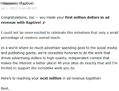 first million dollars with raptive
